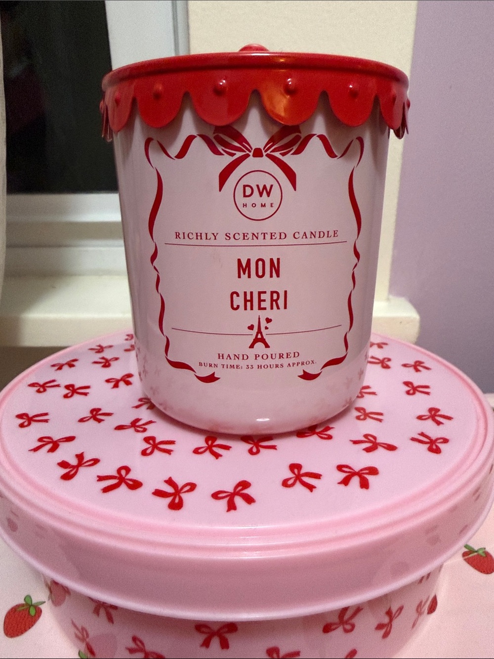 DW Home Mon Cheri Candle in Pink with Red Accents